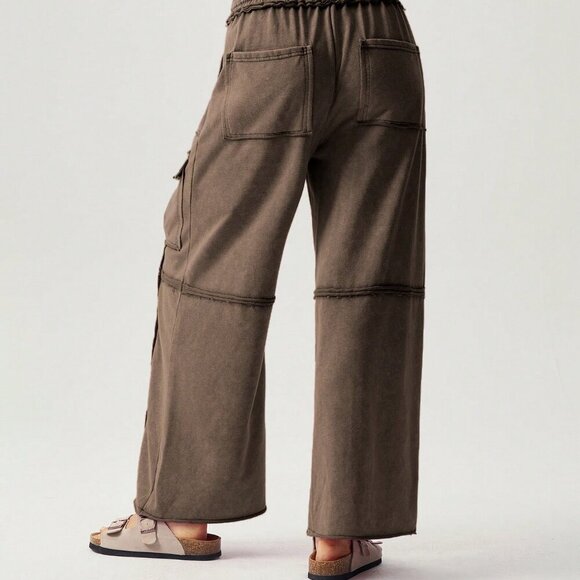 Coffee Brown Casual Women's Vacation Knit 3d Pocket Wide Leg Pants - Picture 3 of 8